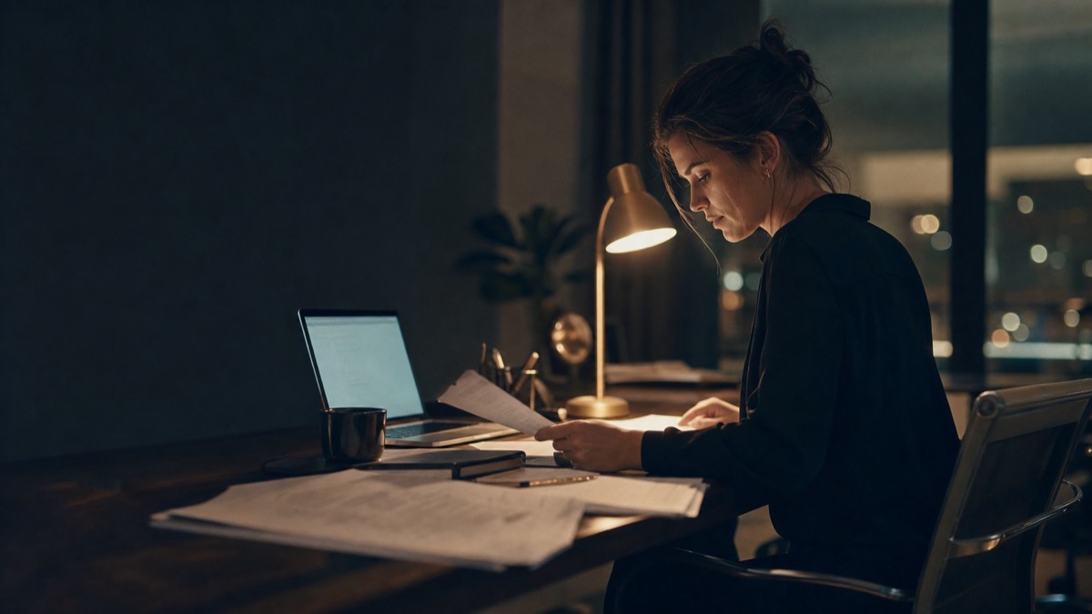 A professional reviewing printed career documents at a desk under a lamp.
